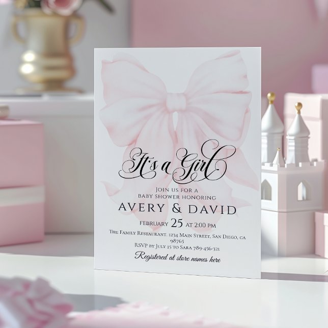 It’s a Girl Pink Bow Modern Elegant Baby Shower Invitation (Creator Uploaded)