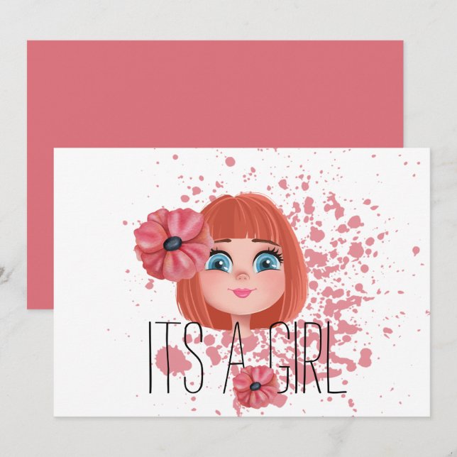 It’s a girl, pink flower, baby girl, birth announcement (Front/Back)