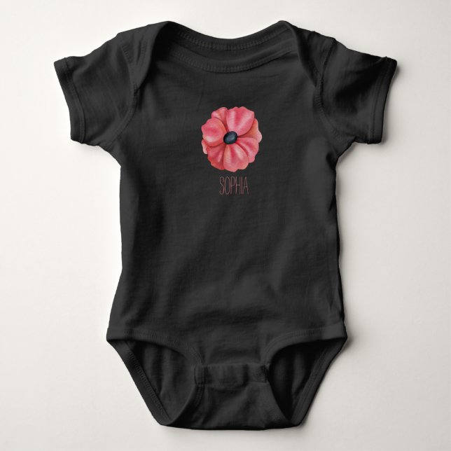 It’s a girl pink flower, custom black baby bodysuit (Front)
