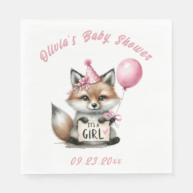 It’s a Girl Pink Fox Animal Theme Baby Shower Napkin (Front)