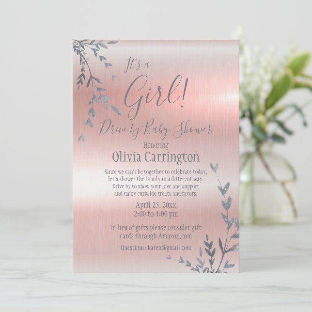 It’s a GIRL Pink Metallic Drive By Baby Shower Invitation (Standing Front)