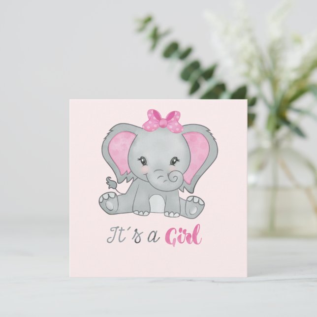 It’s a Girl Pink Photo Elephant Birth Announcement (Standing Front)
