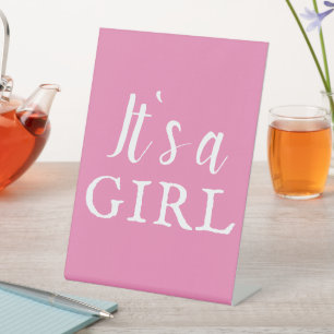 It`s a Girl Pink Typography Baby Shower Pedestal Sign