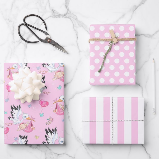 It’s a Girl Stork Baby Wrapping Paper Set (Front)