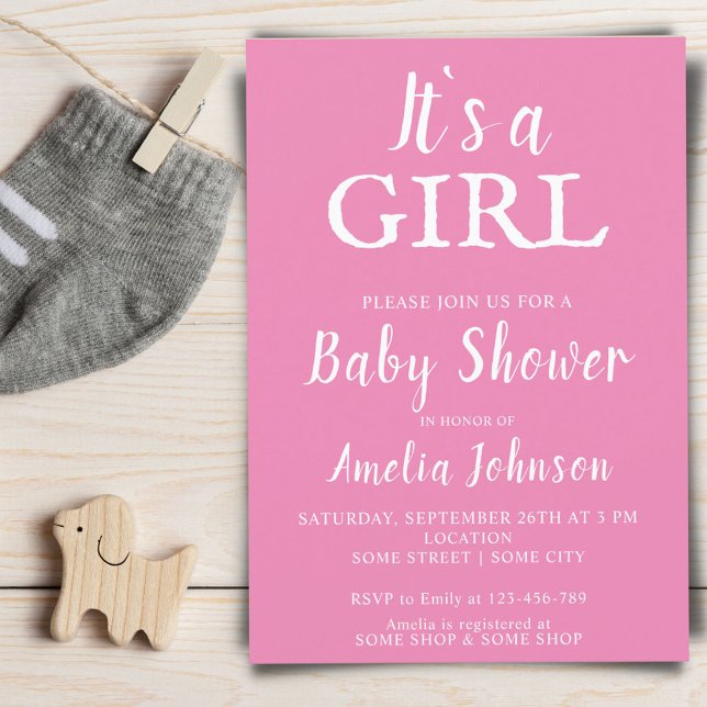 It`s a Girl Typography Pink Baby Girl Baby Shower Invitation (Creator Uploaded)
