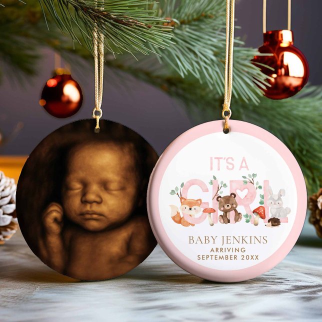 It’s a Girl Woodland Sonogram Photo Christmas Ceramic Tree Decoration (It's a Girl sonogram photo christmas ornament)
