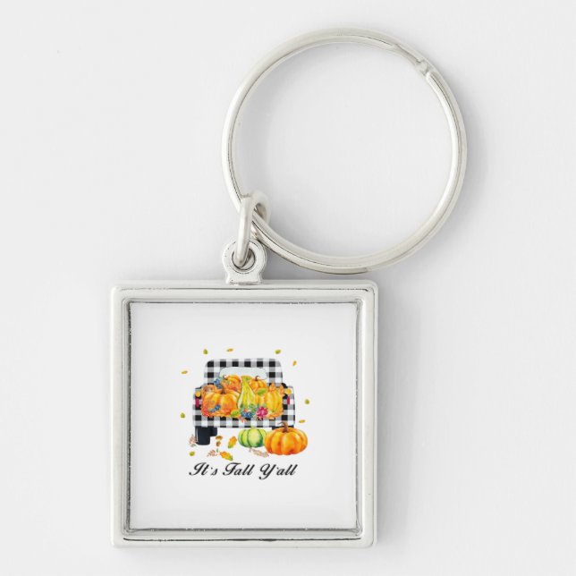 It’s Fall Y’all Autumn Pumpkin Plaid Key Ring (Front)