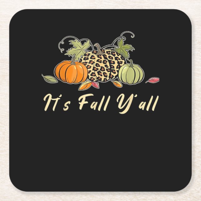It’s Fall Y’all Happy Autumn Leopard Square Paper Coaster (Front)