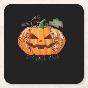 It’s Fall Y’all Leopard Pumpkin Happy Halloween Ne Square Paper Coaster