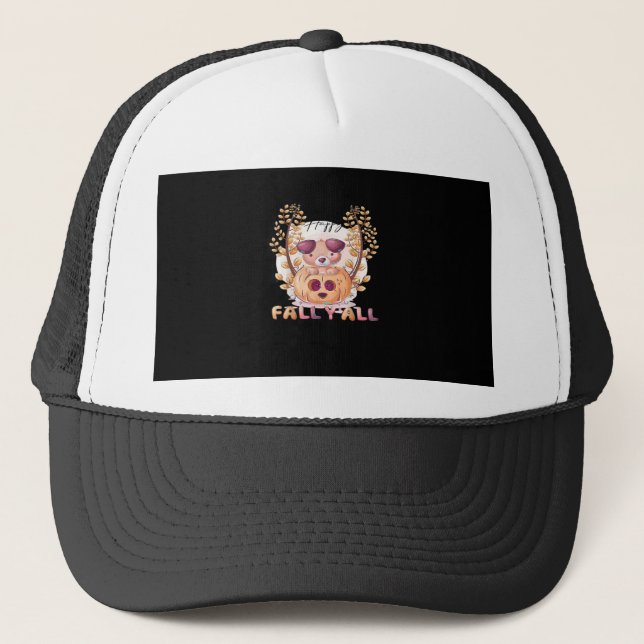 It’s Fall Y’all Pumpkin Autumn Halloween Cat Fall  Trucker Hat (Front)