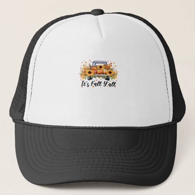 It’s Fall Y’all Pumpkin Autumn Tree Hello Fall Wom Trucker Hat (Front)