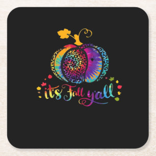 It’s Fall Y’all Tie Dye Leopard Print Pumpkin Hall Square Paper Coaster