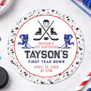  It’s Game Time Hockey 1st Birthday Party Classic Round Sticker