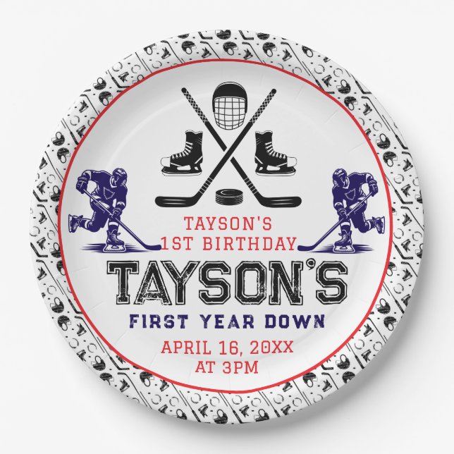  It’s Game Time Hockey 1st Birthday Party Paper Plate (Front)