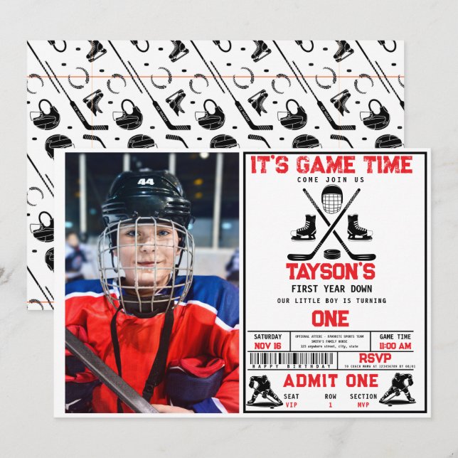 It’s Game Time Hockey 1st Birthday Party photo Invitation (Front/Back)