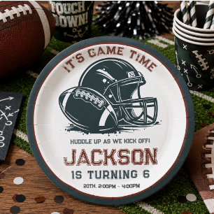 It’s game time! Kick off football birthday kids Paper Plate