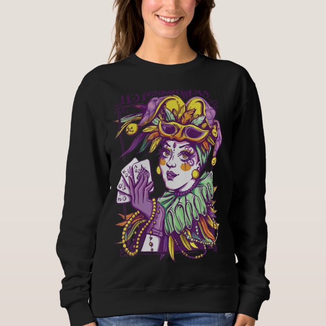 It S Mardi Gras Woman Jester Hat Parade Beads Masq Sweatshirt (Front)
