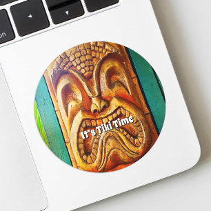 It’s Tiki Time Hawaii Fun Retro Tropical Wood Face Classic Round Sticker