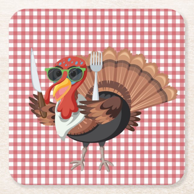 It’s Turkey Time with Red Chequered Paper Coasters (Front)