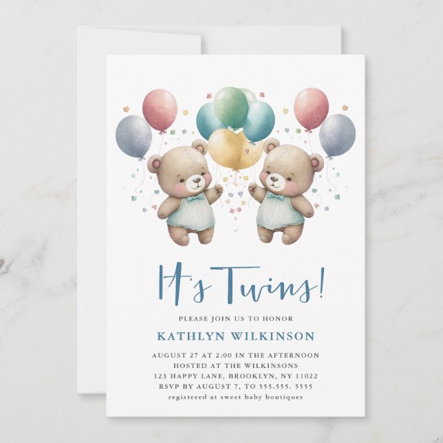 IT’S TWINS Blue Balloons Teddy Bears Baby Shower Invitation (Front)