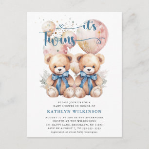 IT’S TWINS Blue Balloons Teddy Bears Baby Shower Invitation Postcard