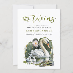 It’s Twins Elegant Green Script Swan Baby Shower Invitation