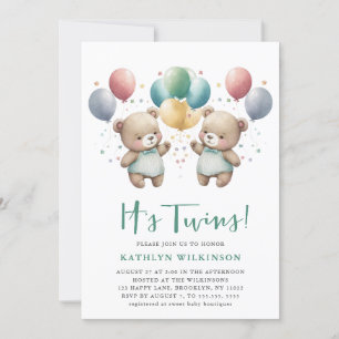 IT’S TWINS Green Balloons Teddy Bears Baby Shower Invitation