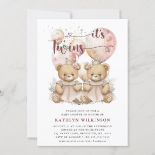 IT’S TWINS Pink Balloons Teddy Bears Baby Shower Invitation