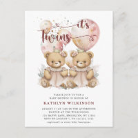 IT’S TWINS Pink Balloons Teddy Bears Baby Shower