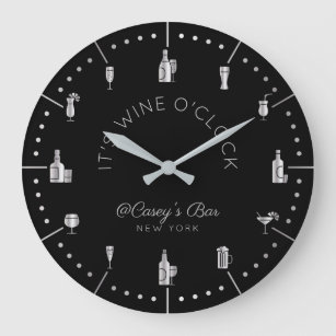 It’s Wine O’Clock Elegant Silver Black Monogram Large Clock