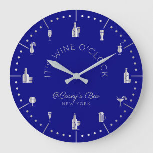 It’s Wine O’Clock Elegant Silver Navy Monogram Large Clock