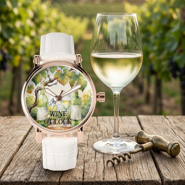 It’s Wine O’Clock Watercolor Vineyard White Wine Watch (Watch featuring a watercolor painting of white wine and a vineyard - wine o'clock)