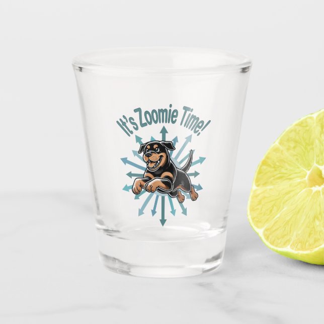 It’s Zoomie Time Rottweiler Shot Glass (Front)