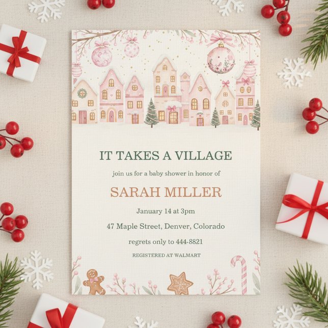 It Takes a Village Baby Shower Invitation ("pink christmas village")