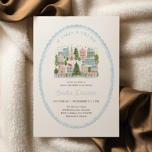 It Takes a Village Baby Shower Invite Dusty Blue