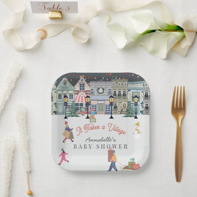 It Takes A Village Holiday Town Baby Shower Paper Plate (Wedding)