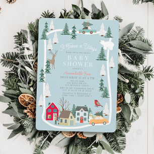 It Takes A Village Holiday Town Blue Baby Shower Invitation