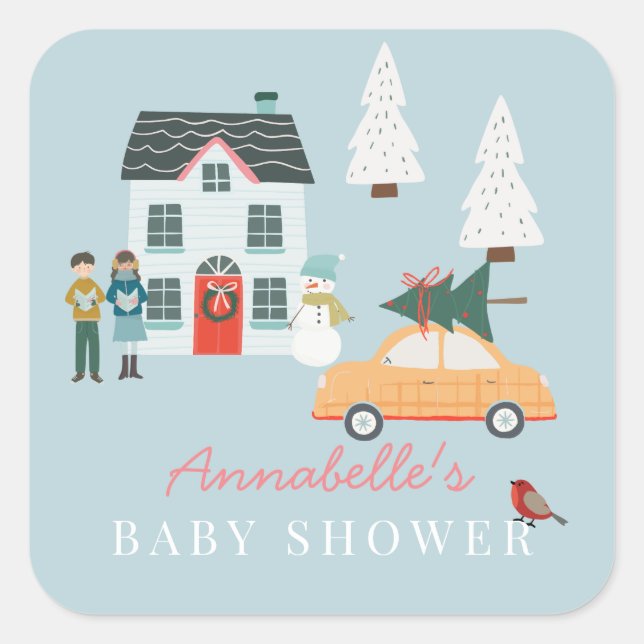 It Takes A Village Holiday Town Blue Baby Shower Square Sticker (Front)