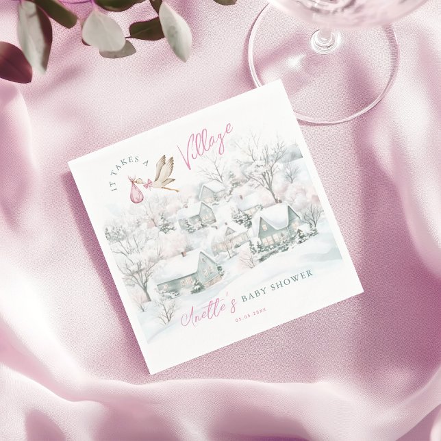 It Takes a Village Pink Girl Stork Baby Shower Napkin (Creator Uploaded)