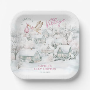 It Takes a Village Pink Girl Stork Baby Shower Paper Plate