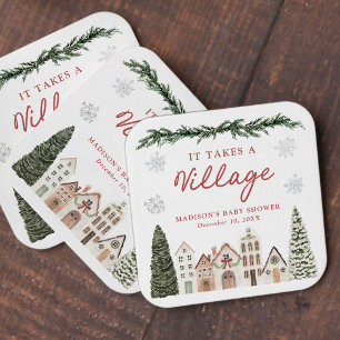 It Takes a Village Snowflake Winter Baby Shower Square Paper Coaster
