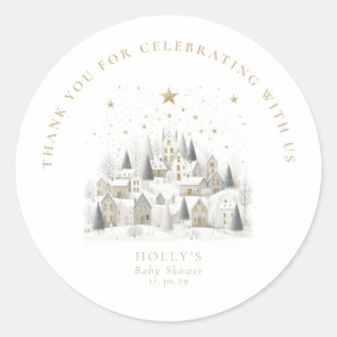 It Takes a Village Snowy Whimsical Baby Shower  Classic Round Sticker