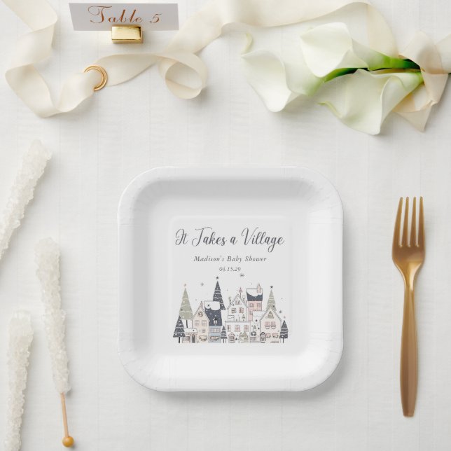 It Takes a Village Snowy Whimsical Baby Shower  Paper Plate (Wedding)