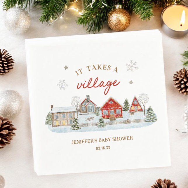 It Takes a Village Snowy Winter Baby Shower Napkin (Creator Uploaded)