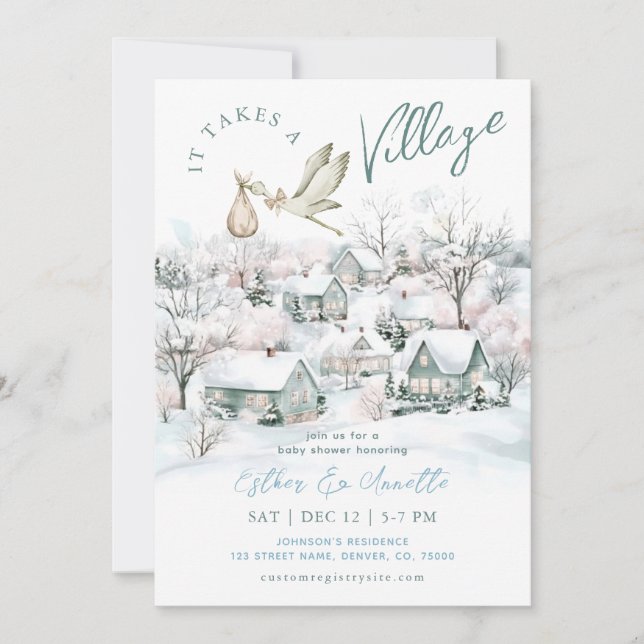 It Takes A Village Stork Winter Baby Shower Invitation (Front)