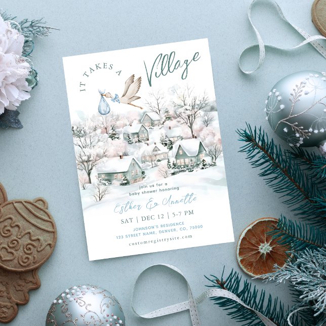 It Takes A Village Stork Winter Boy Baby Shower Invitation (Creator Uploaded)