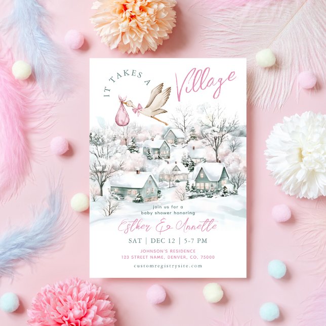 It Takes A Village Stork Winter Girl Baby Shower Invitation (Creator Uploaded)