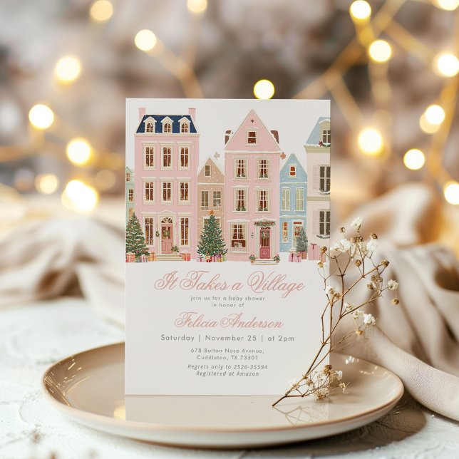 It takes a village Winter Pink Baby Gir Shower Invitation (Creator Uploaded)