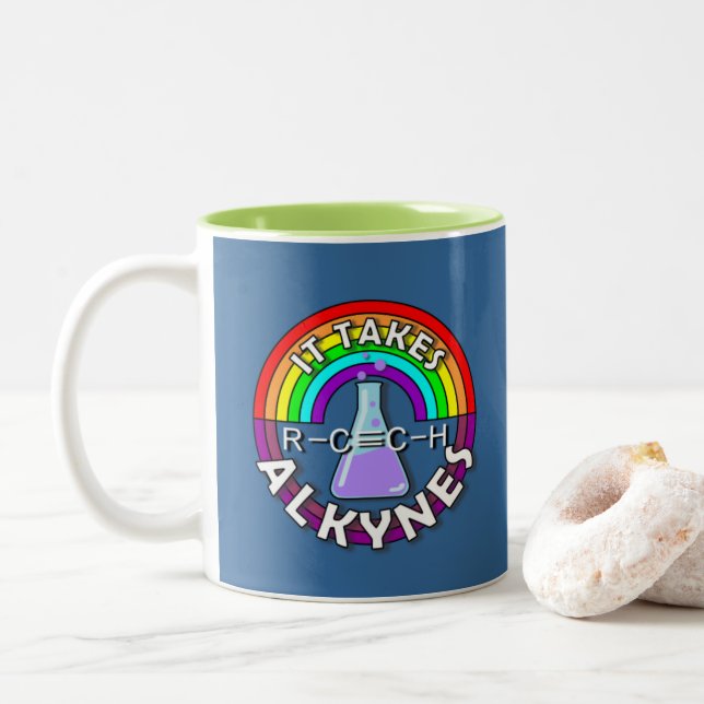 It takes ALKYNES! Rainbow flask chemistry pun Two-Tone Coffee Mug (With Donut)