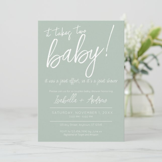It Takes Two Joint Effort Joint Co-ed Baby Shower  Invitation (Standing Front)